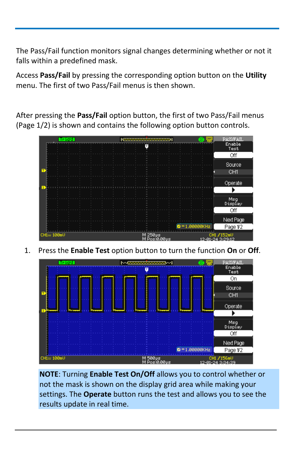 Using pass/fail, Pass/fail - page 1/2 | Teledyne LeCroy WaveAce 1000_2000 User Manual | Page 88 / 108