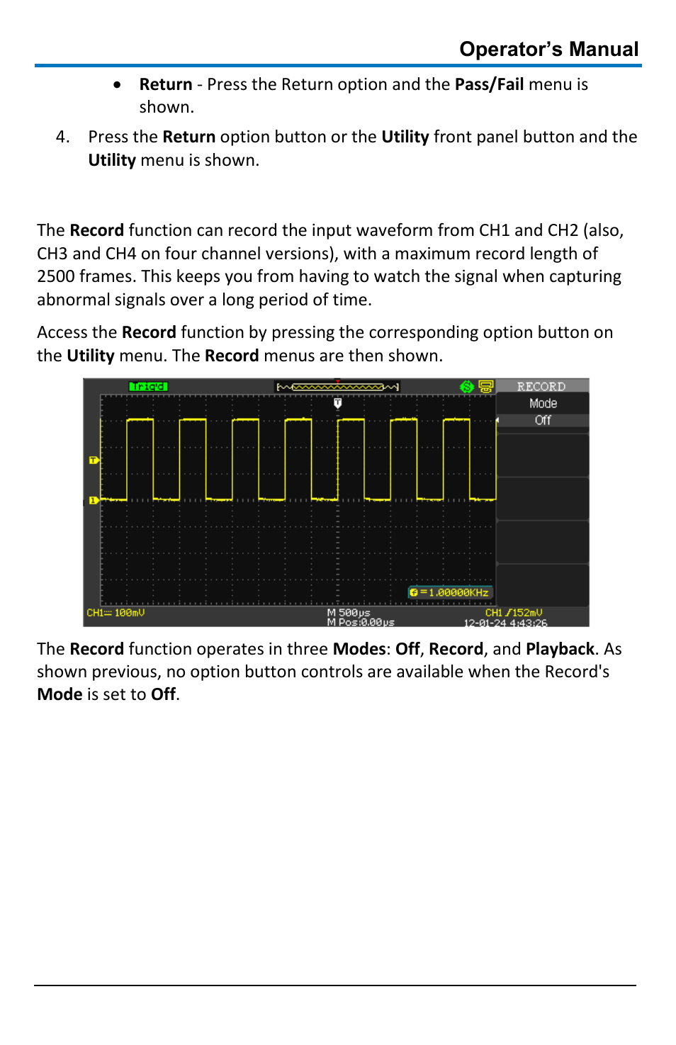 Using record, Operator’s manual | Teledyne LeCroy WaveAce 1000_2000 User Manual | Page 91 / 108