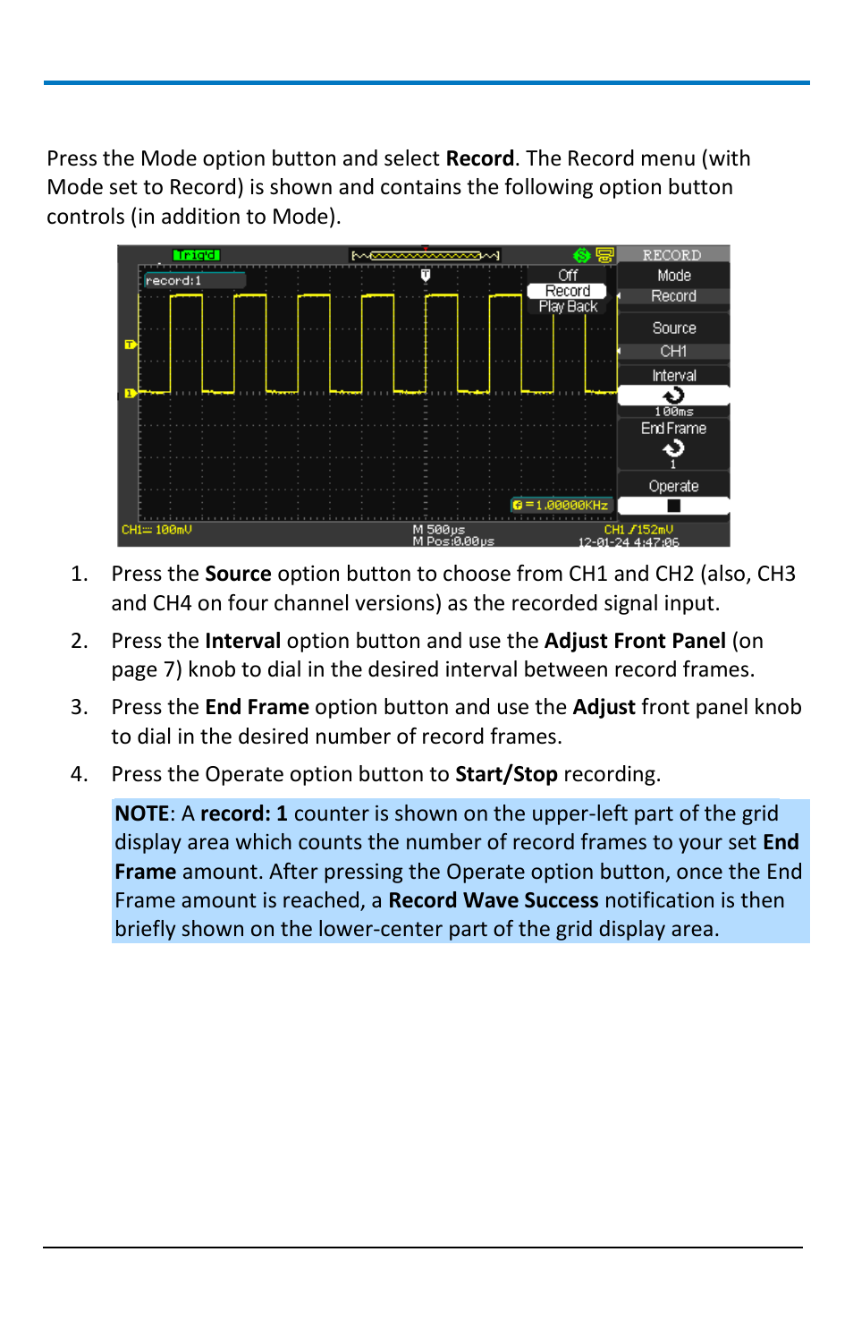 Record menu (with mode set to record) | Teledyne LeCroy WaveAce 1000_2000 User Manual | Page 92 / 108