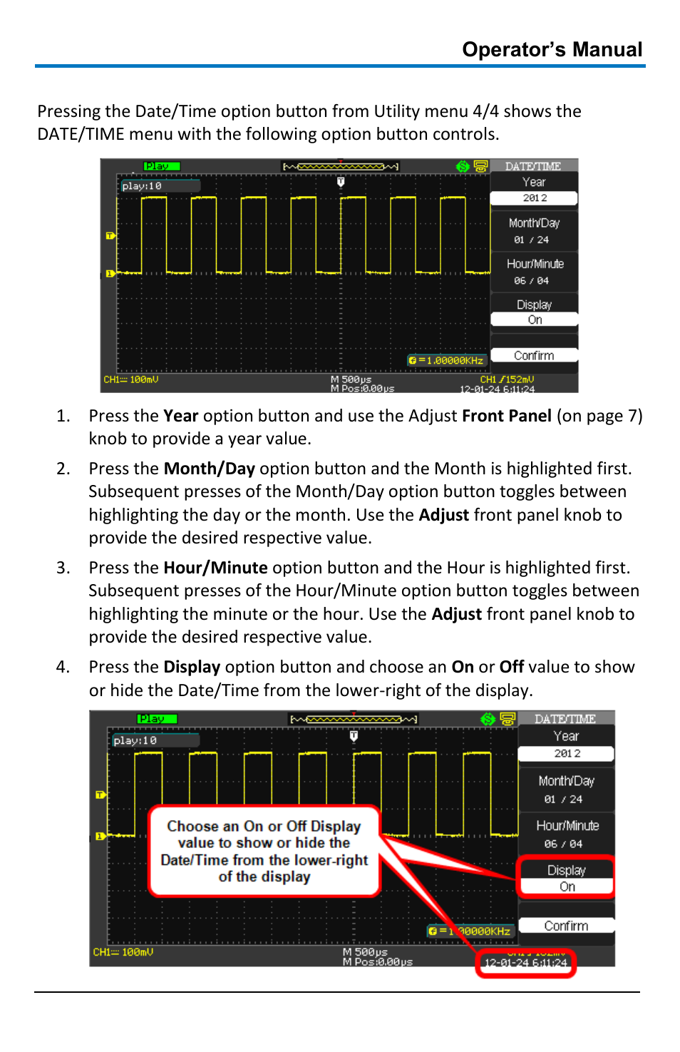 Setting and displaying the date/time | Teledyne LeCroy WaveAce 1000_2000 User Manual | Page 95 / 108