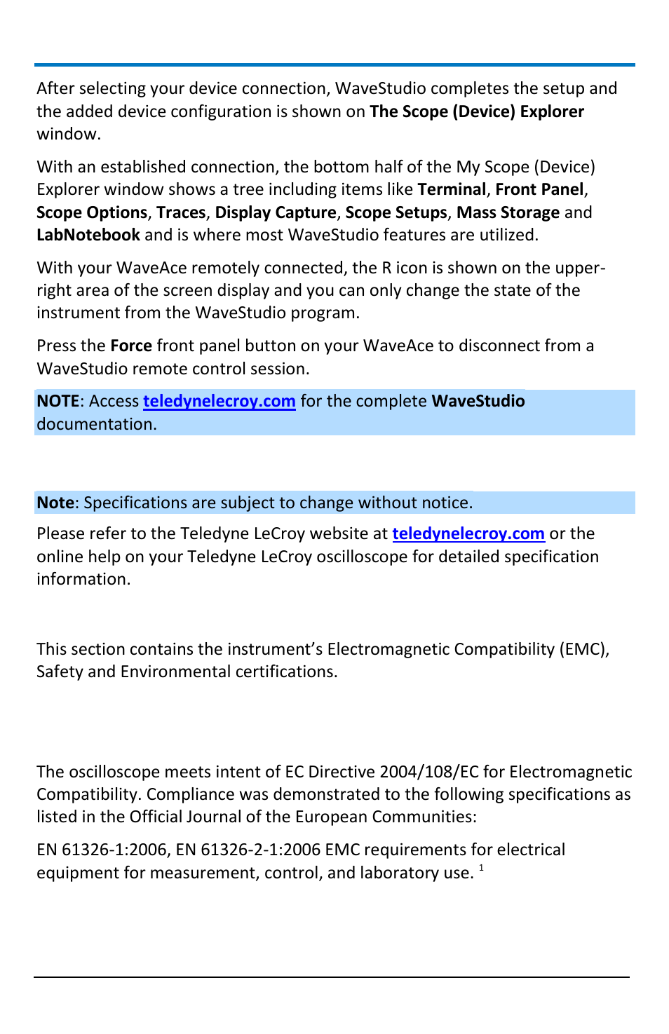Waveace specifications, Certifications, Emc compliance | Teledyne LeCroy WaveAce 1000_2000 User Manual | Page 98 / 108