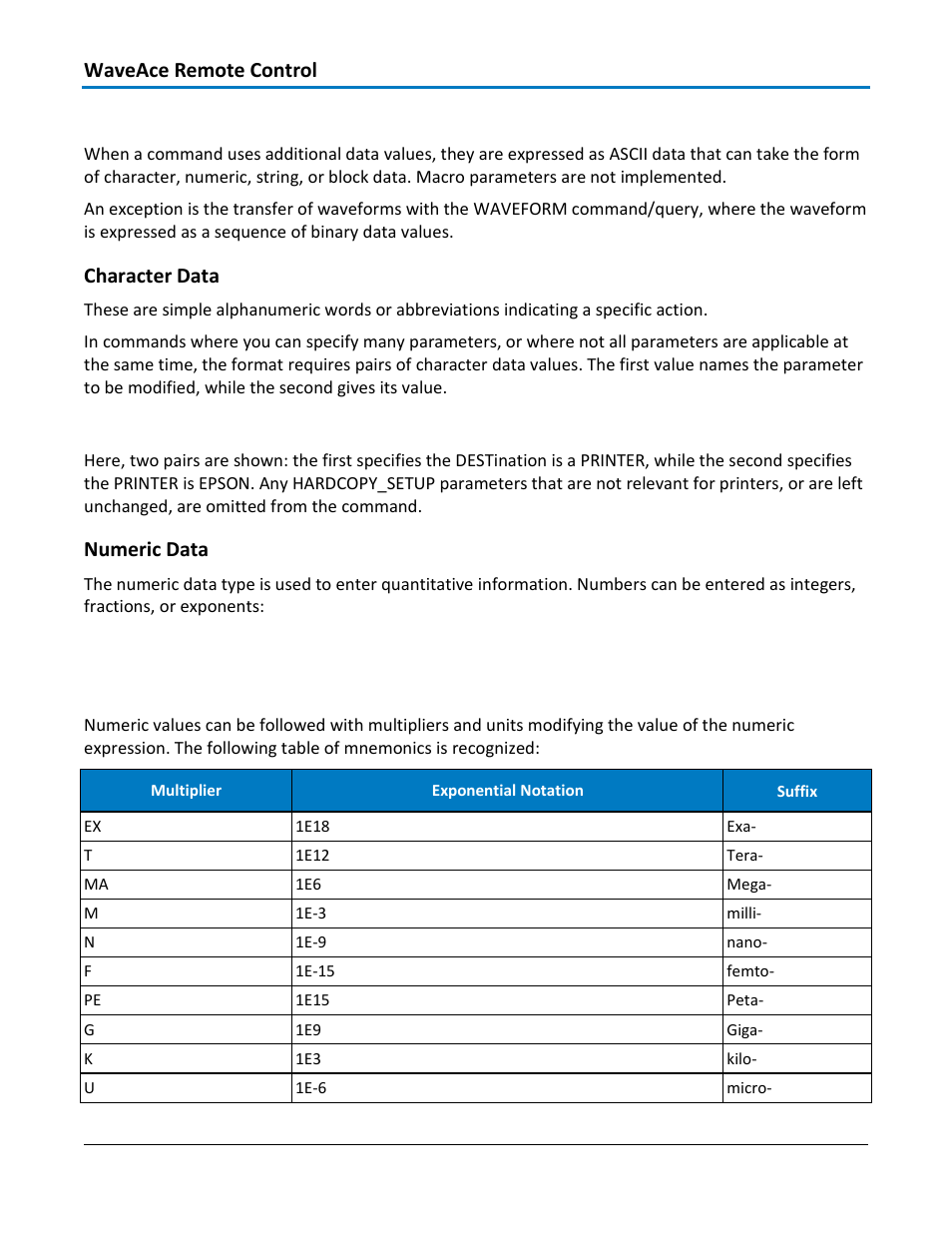 Data parameters, Character data, Numeric data | Waveace remote control | Teledyne LeCroy WaveAce 1000_2000 Remote Control User Manual | Page 10 / 92