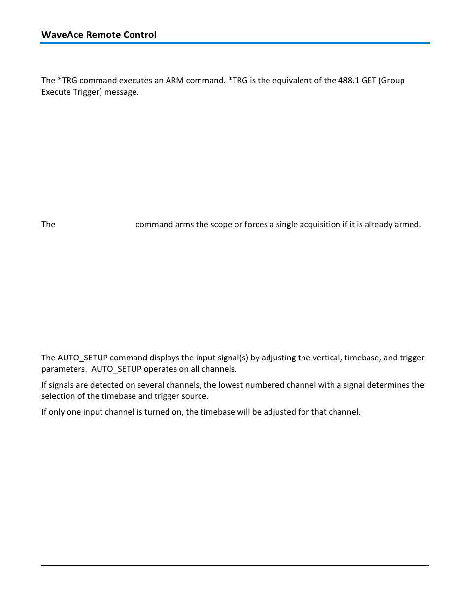 Acquisition - *trg, Command syntax, Related commands | Acquisition - arm_acquisition, arm, Acquisition - auto_setup, aset | Teledyne LeCroy WaveAce 1000_2000 Remote Control User Manual | Page 20 / 92
