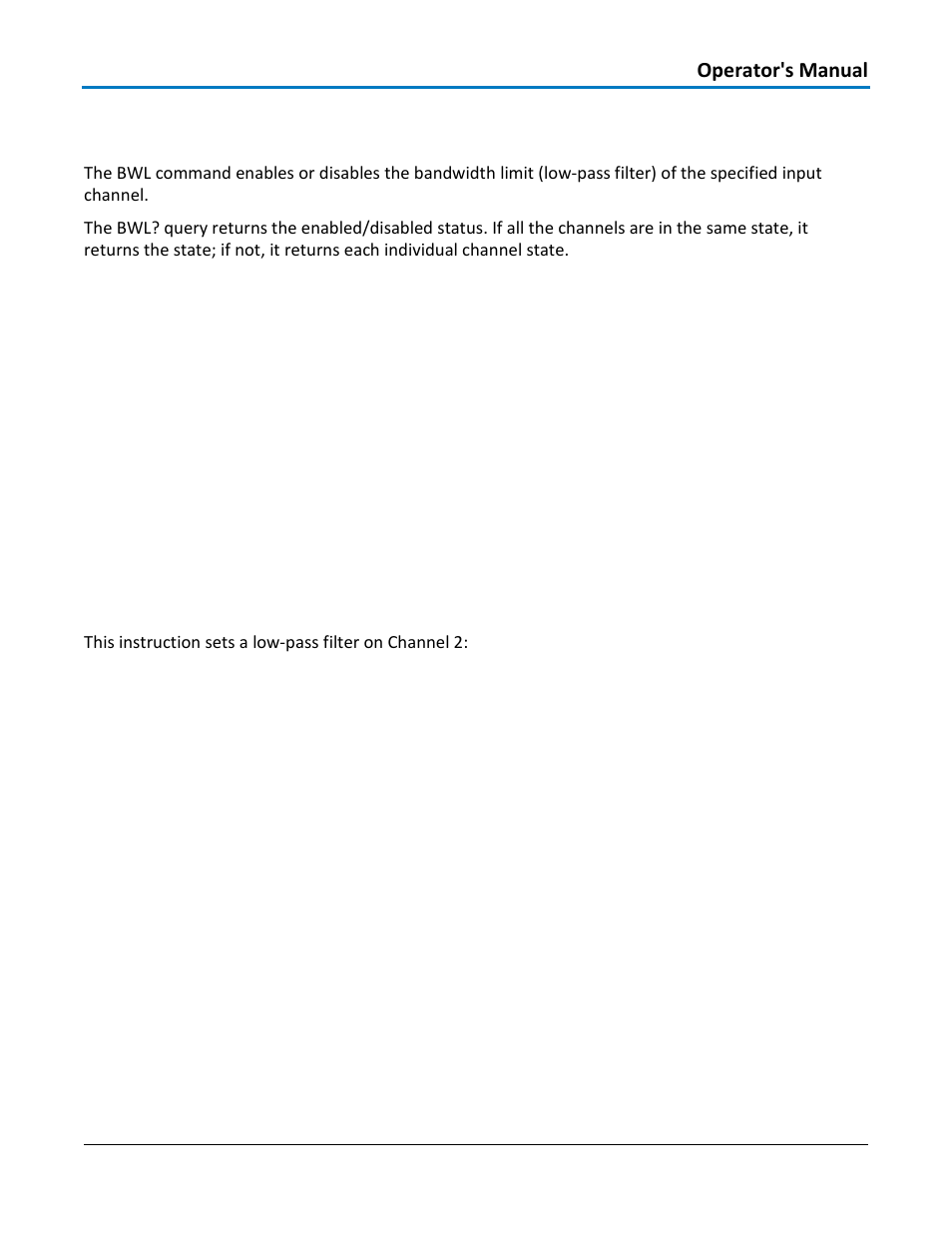 Acquisition - bandwidth_limit, bwl, Command syntax, Query syntax | Response format, Example | Teledyne LeCroy WaveAce 1000_2000 Remote Control User Manual | Page 23 / 92