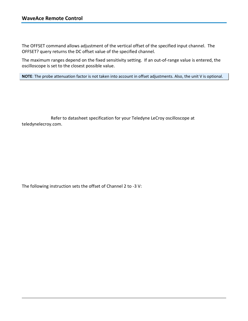 Acquisition - offset, ofst, Command syntax, Query syntax | Response format, Example | Teledyne LeCroy WaveAce 1000_2000 Remote Control User Manual | Page 26 / 92