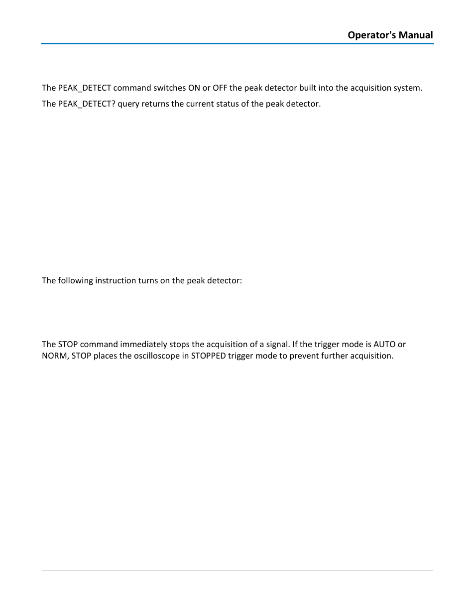 Acquisition – peak detect, pdet, Command syntax, Query syntax | Response format, Example, Acquisition - stop, Related commands | Teledyne LeCroy WaveAce 1000_2000 Remote Control User Manual | Page 27 / 92