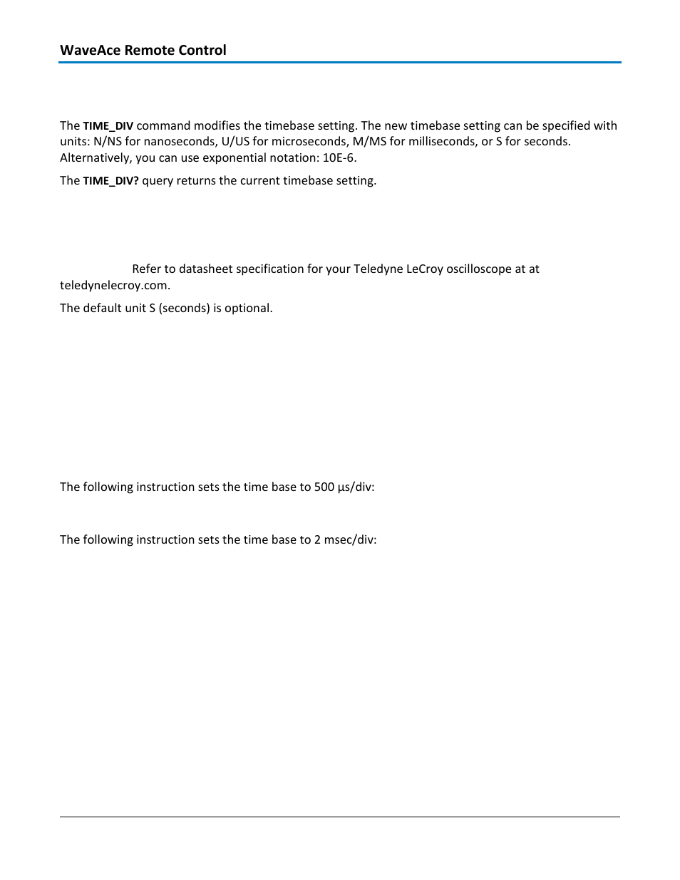 Acquisition - time_div, tdiv, Command syntax, Query syntax | Response format, Example, Related commands | Teledyne LeCroy WaveAce 1000_2000 Remote Control User Manual | Page 28 / 92