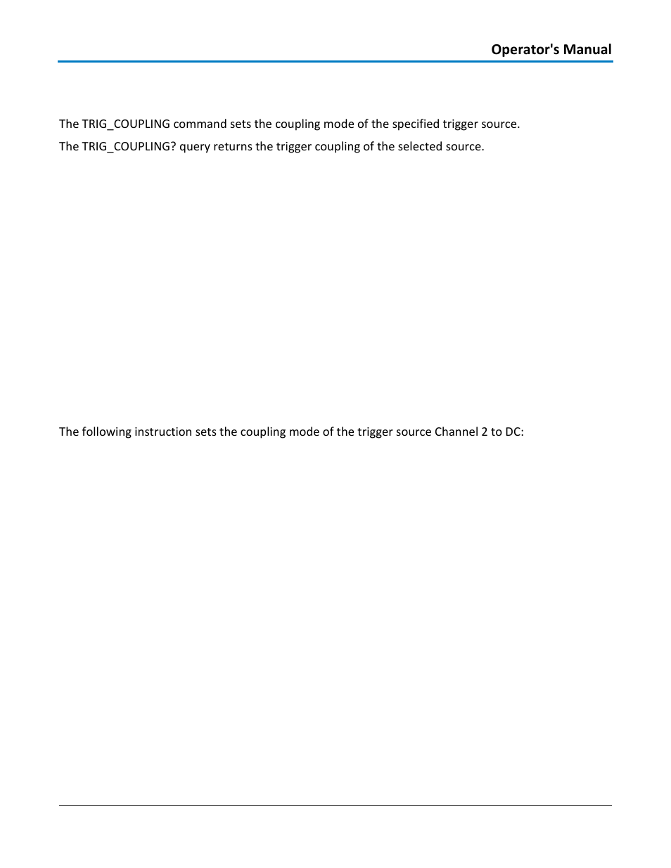 Acquisition - trig_coupling, trcp, Command syntax, Query syntax | Response format, Example, Related commands | Teledyne LeCroy WaveAce 1000_2000 Remote Control User Manual | Page 29 / 92