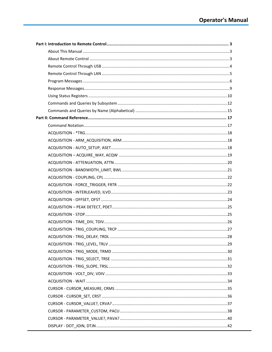 Operator's manual table of contents | Teledyne LeCroy WaveAce 1000_2000 Remote Control User Manual | Page 3 / 92