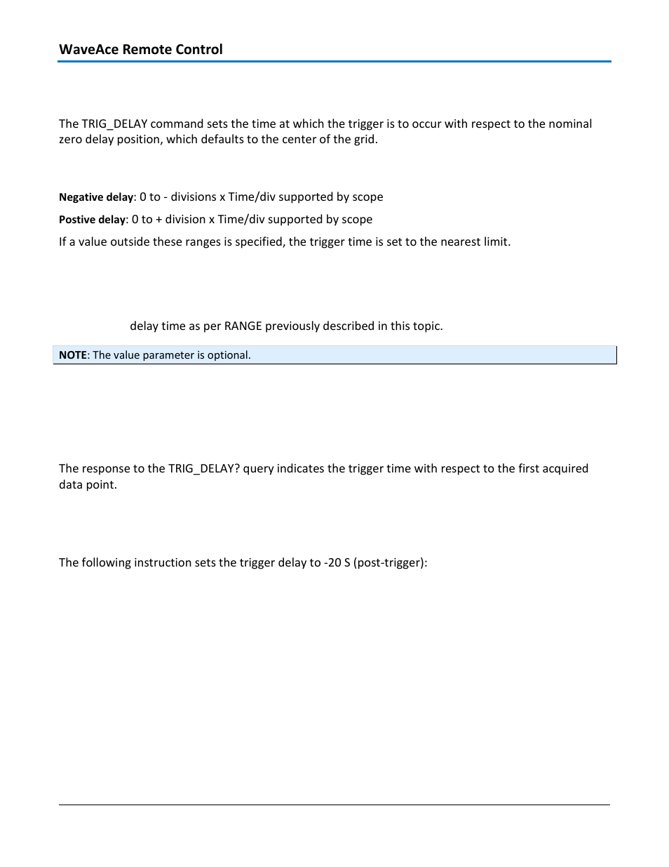 Acquisition - trig_delay, trdl, Range, Command syntax | Query syntax, Response format, Example, Related commands | Teledyne LeCroy WaveAce 1000_2000 Remote Control User Manual | Page 30 / 92