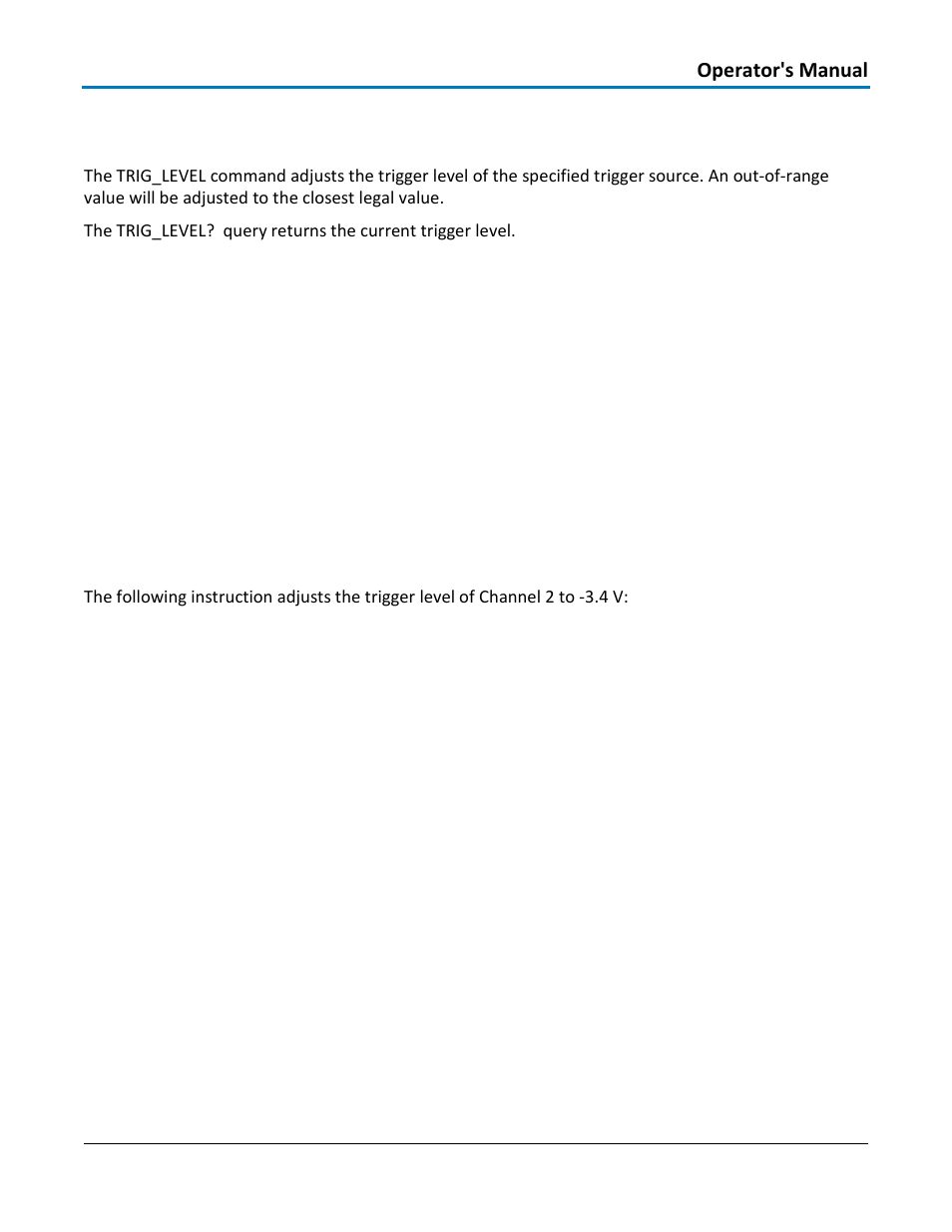 Acquisition - trig_level, trlv, Command syntax, Query syntax | Response format, Example, Related commands | Teledyne LeCroy WaveAce 1000_2000 Remote Control User Manual | Page 31 / 92