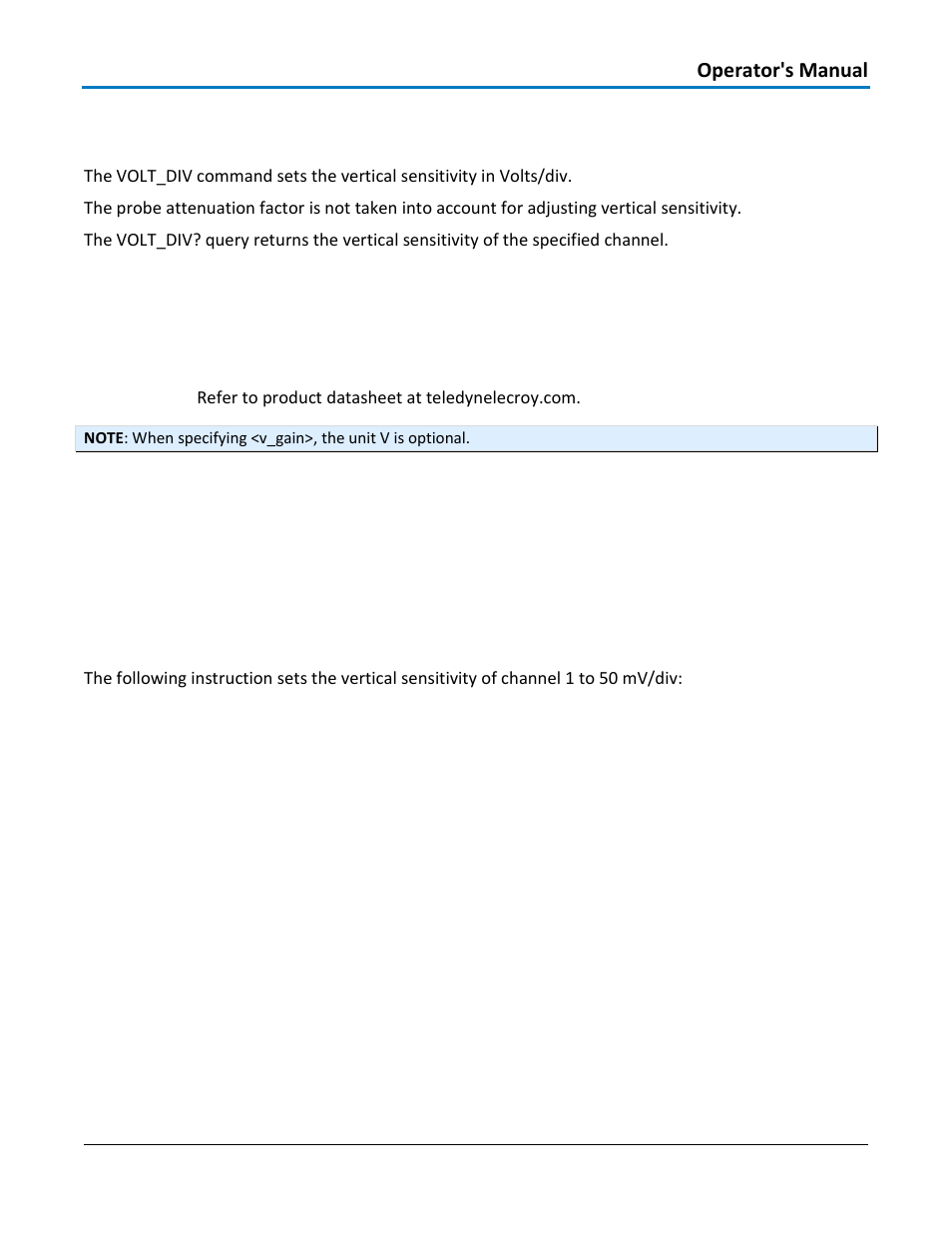 Acquisition - volt_div, vdiv, Command syntax, Query syntax | Response format, Example | Teledyne LeCroy WaveAce 1000_2000 Remote Control User Manual | Page 35 / 92