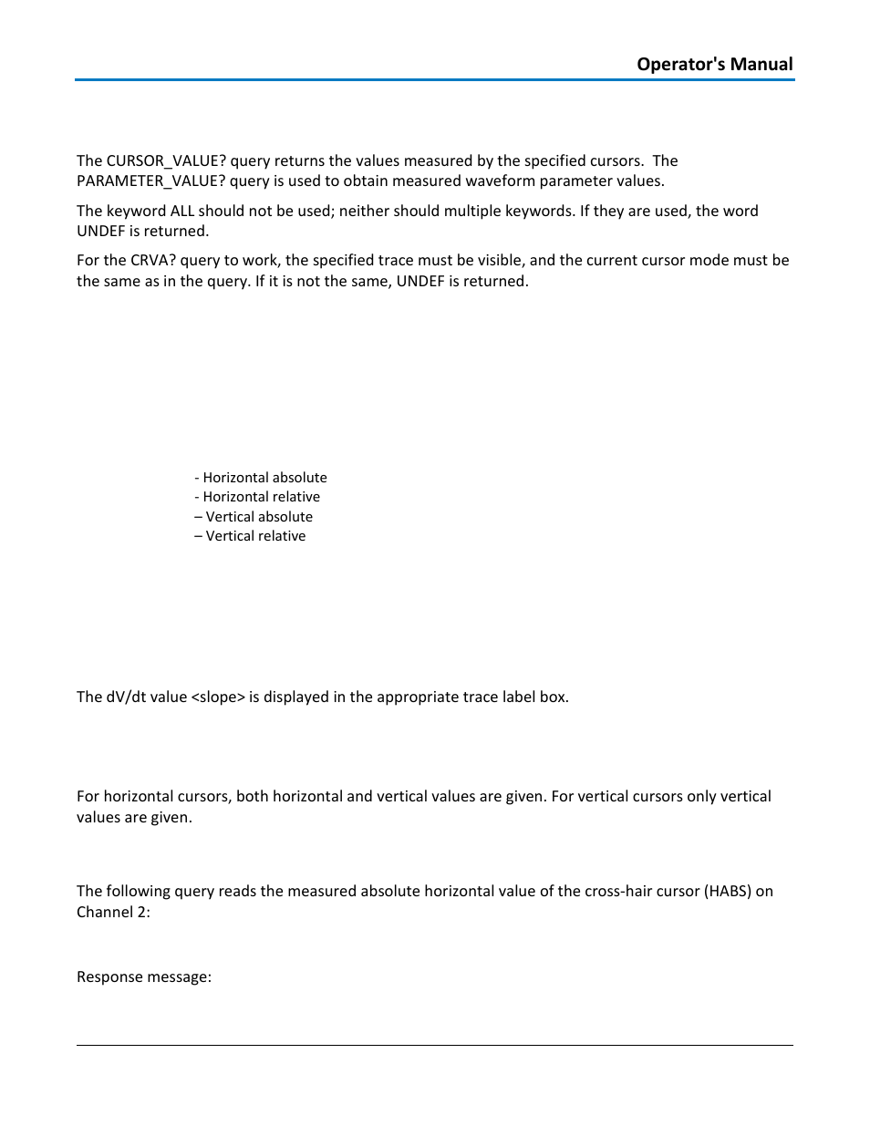 Cursor - cursor_value?, crva, Query syntax, Response format | Example | Teledyne LeCroy WaveAce 1000_2000 Remote Control User Manual | Page 39 / 92