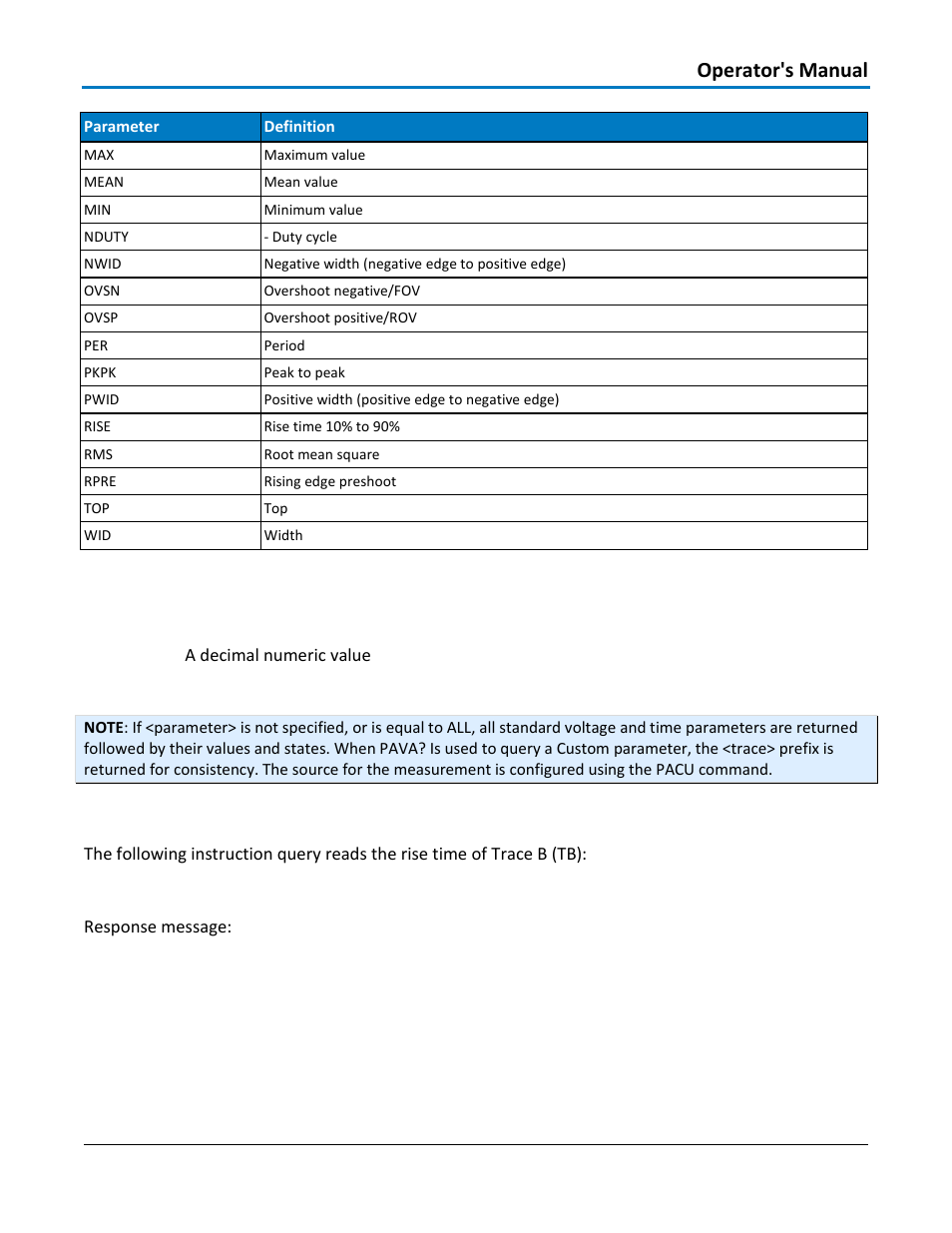 Response format, Example, Related commands | Operator's manual | Teledyne LeCroy WaveAce 1000_2000 Remote Control User Manual | Page 43 / 92