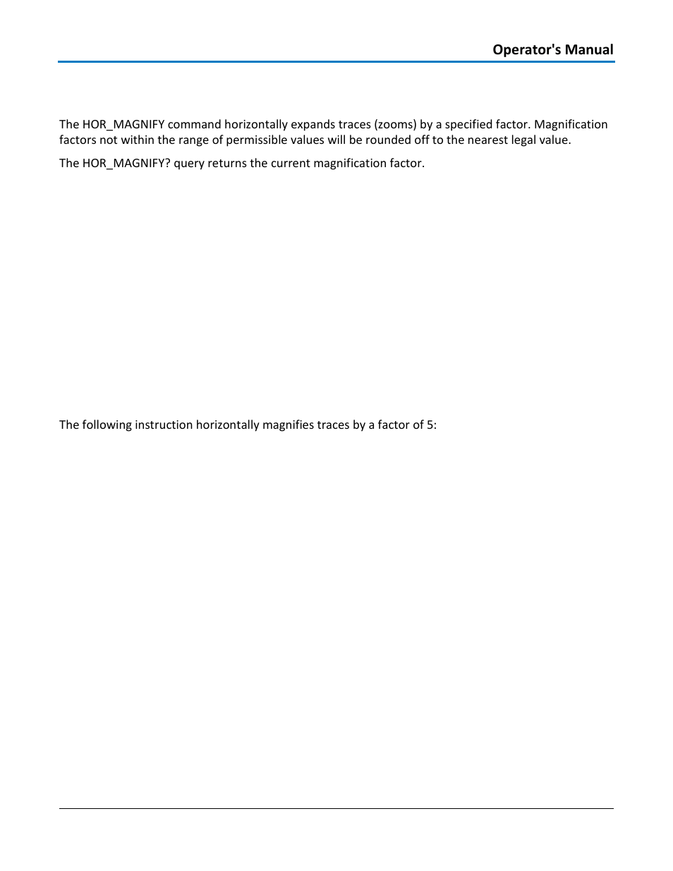 Display - hor_magnify, hmag, Command syntax, Query syntax | Response format, Example | Teledyne LeCroy WaveAce 1000_2000 Remote Control User Manual | Page 45 / 92