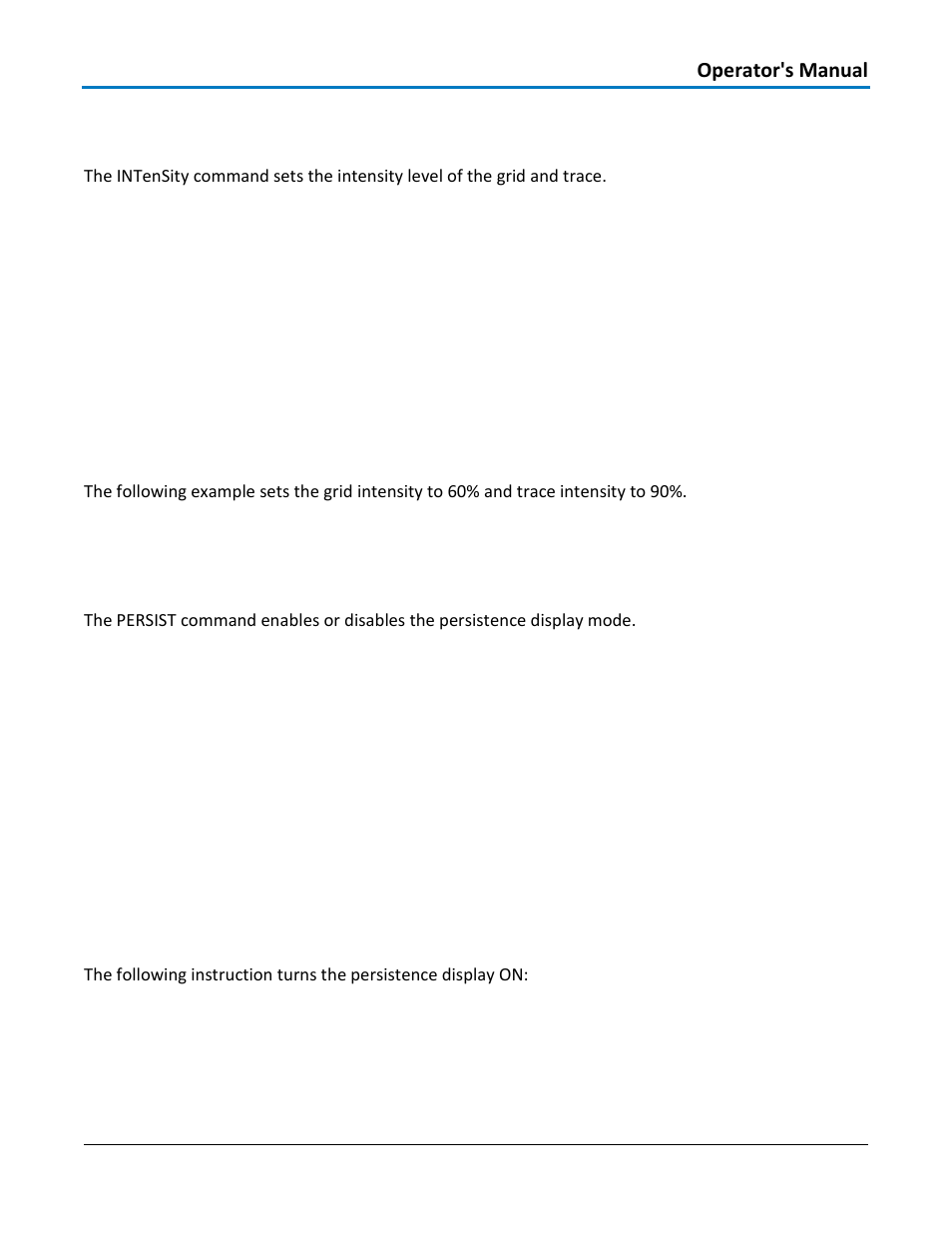 Display - intensity, ints, Command syntax, Query syntax | Response format, Example, Display - persist, pers, Related commands | Teledyne LeCroy WaveAce 1000_2000 Remote Control User Manual | Page 47 / 92