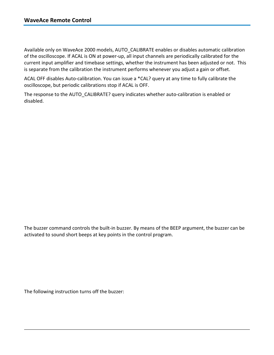 Miscellaneous – auto-calibrate, acal, Command syntax, Query syntax | Response format, Related commands, Miscellaneous - buzzer, buzz, Example | Teledyne LeCroy WaveAce 1000_2000 Remote Control User Manual | Page 52 / 92