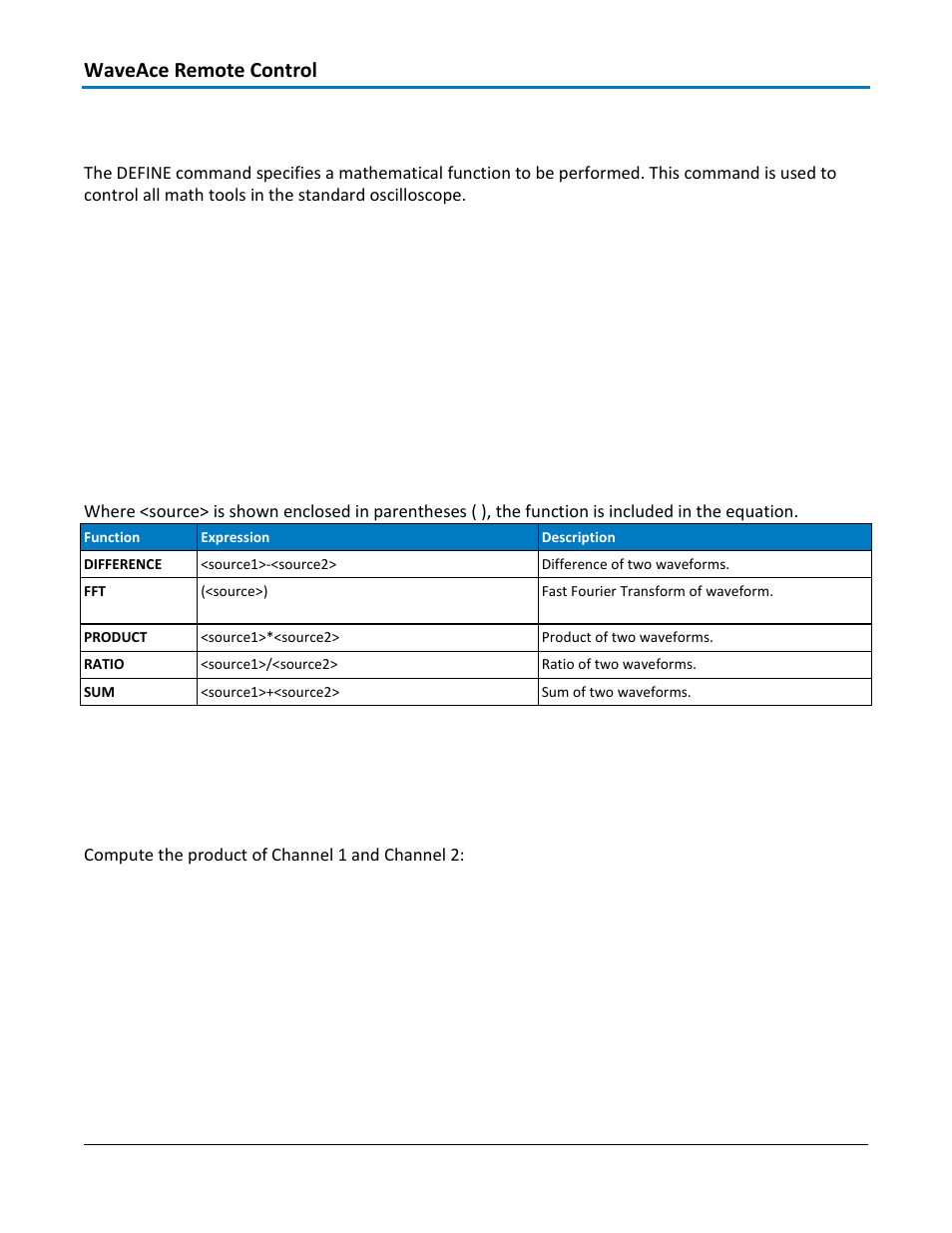 Miscellaneous - define, def, Command syntax, Query syntax | Response format, Equations, Source values, Examples, Related commands, Waveace remote control | Teledyne LeCroy WaveAce 1000_2000 Remote Control User Manual | Page 54 / 92