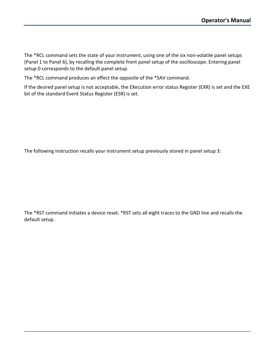 Save/recall setup - *rcl, Command syntax, Example | Related commands, Save/recall setup - *rst | Teledyne LeCroy WaveAce 1000_2000 Remote Control User Manual | Page 57 / 92