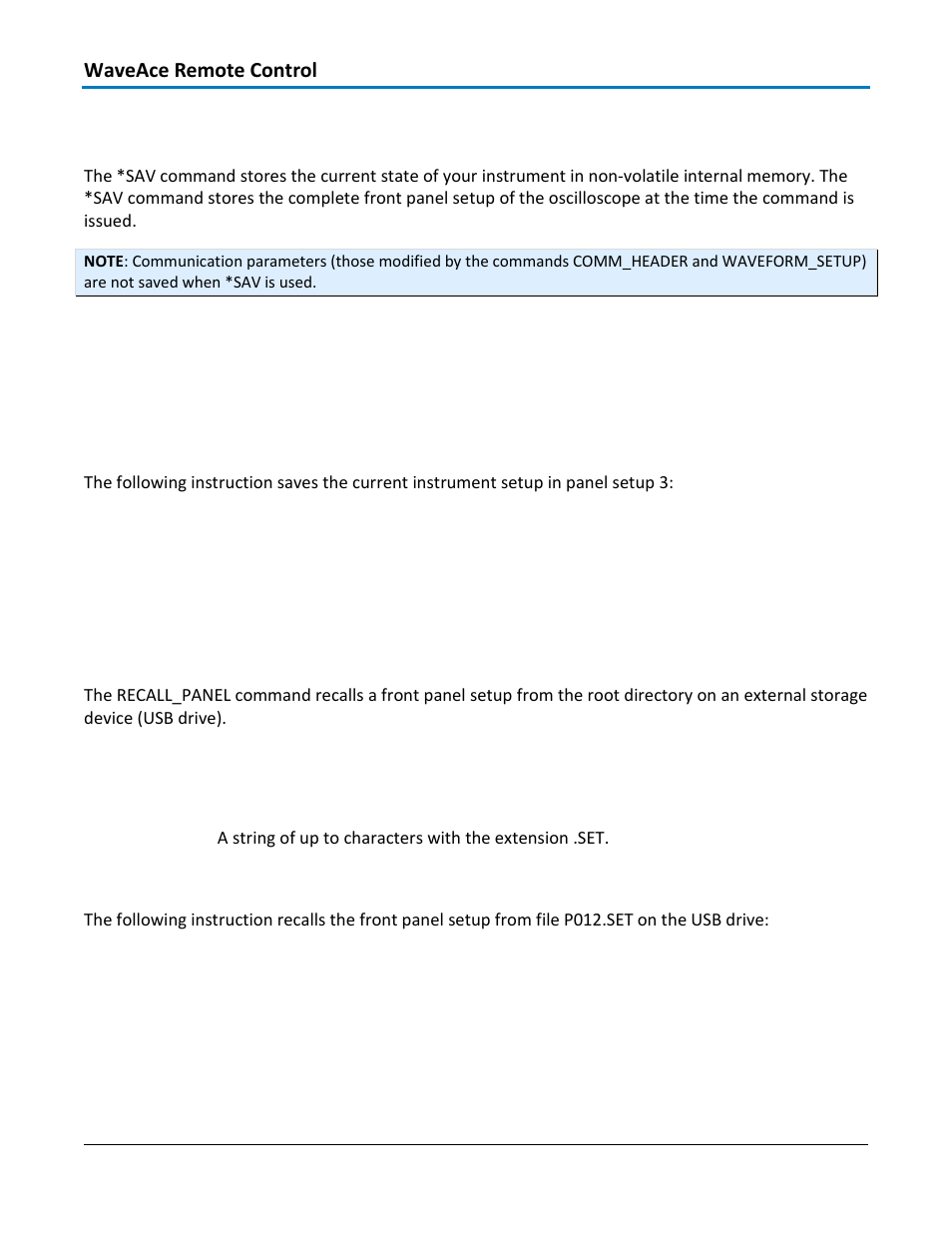 Save/recall setup - *sav, Command syntax, Example | Related commands, Save/recall setup - recall_panel, rcpn | Teledyne LeCroy WaveAce 1000_2000 Remote Control User Manual | Page 58 / 92