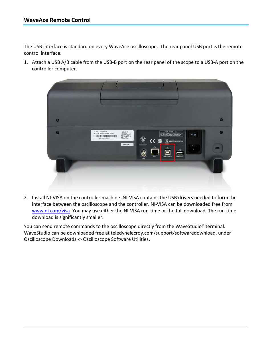 Remote control through usb | Teledyne LeCroy WaveAce 1000_2000 Remote Control User Manual | Page 6 / 92