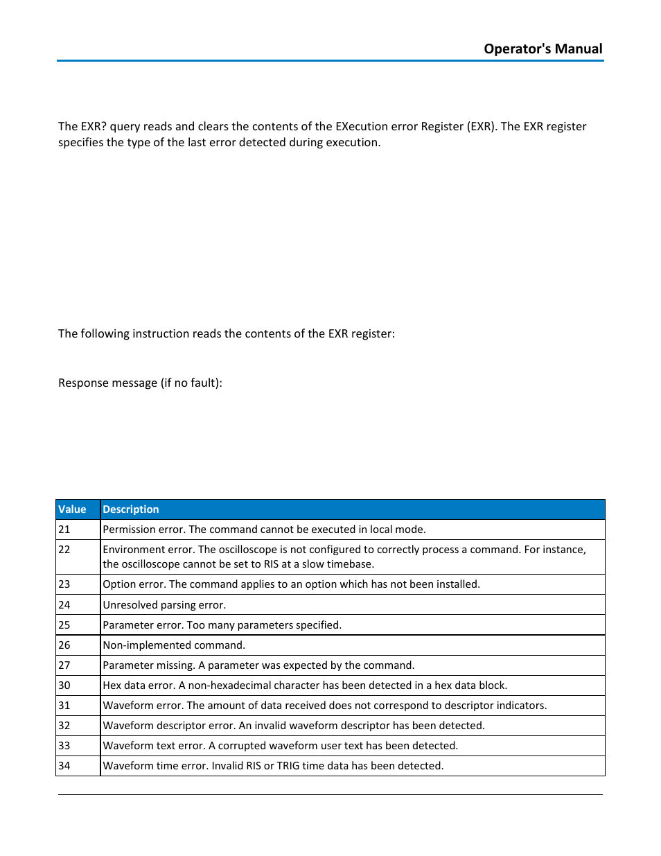 Status - exr, Query syntax, Response format | Example, Related commands, Exr? status register structure, Operator's manual | Teledyne LeCroy WaveAce 1000_2000 Remote Control User Manual | Page 65 / 92