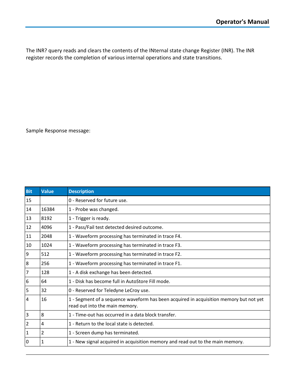 Status - inr, Query syntax, Response format | Related commands, Inr status register structure, Operator's manual | Teledyne LeCroy WaveAce 1000_2000 Remote Control User Manual | Page 67 / 92