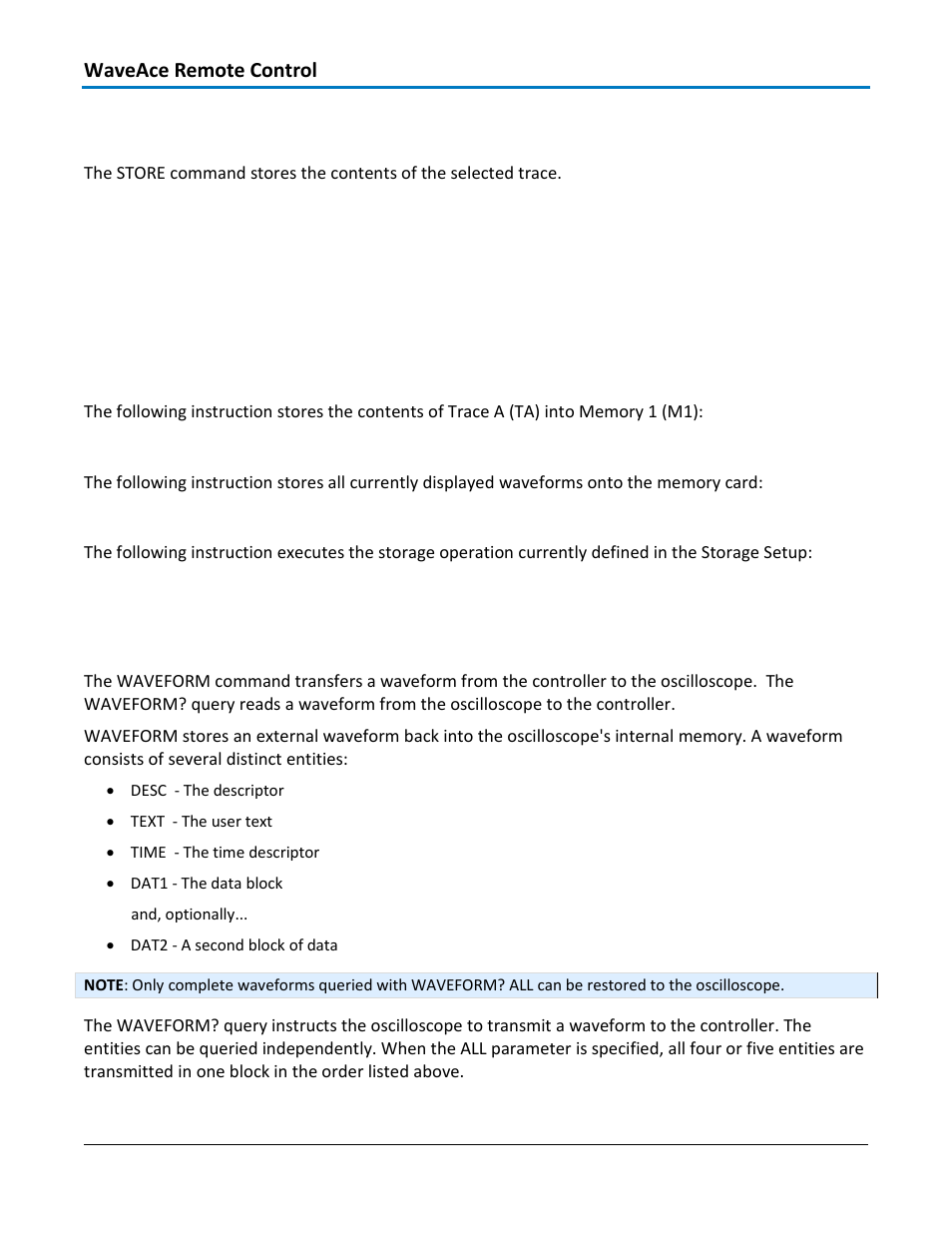 Waveform transfer - store, sto, Command syntax, Example | Waveform transfer - waveform, wf | Teledyne LeCroy WaveAce 1000_2000 Remote Control User Manual | Page 68 / 92