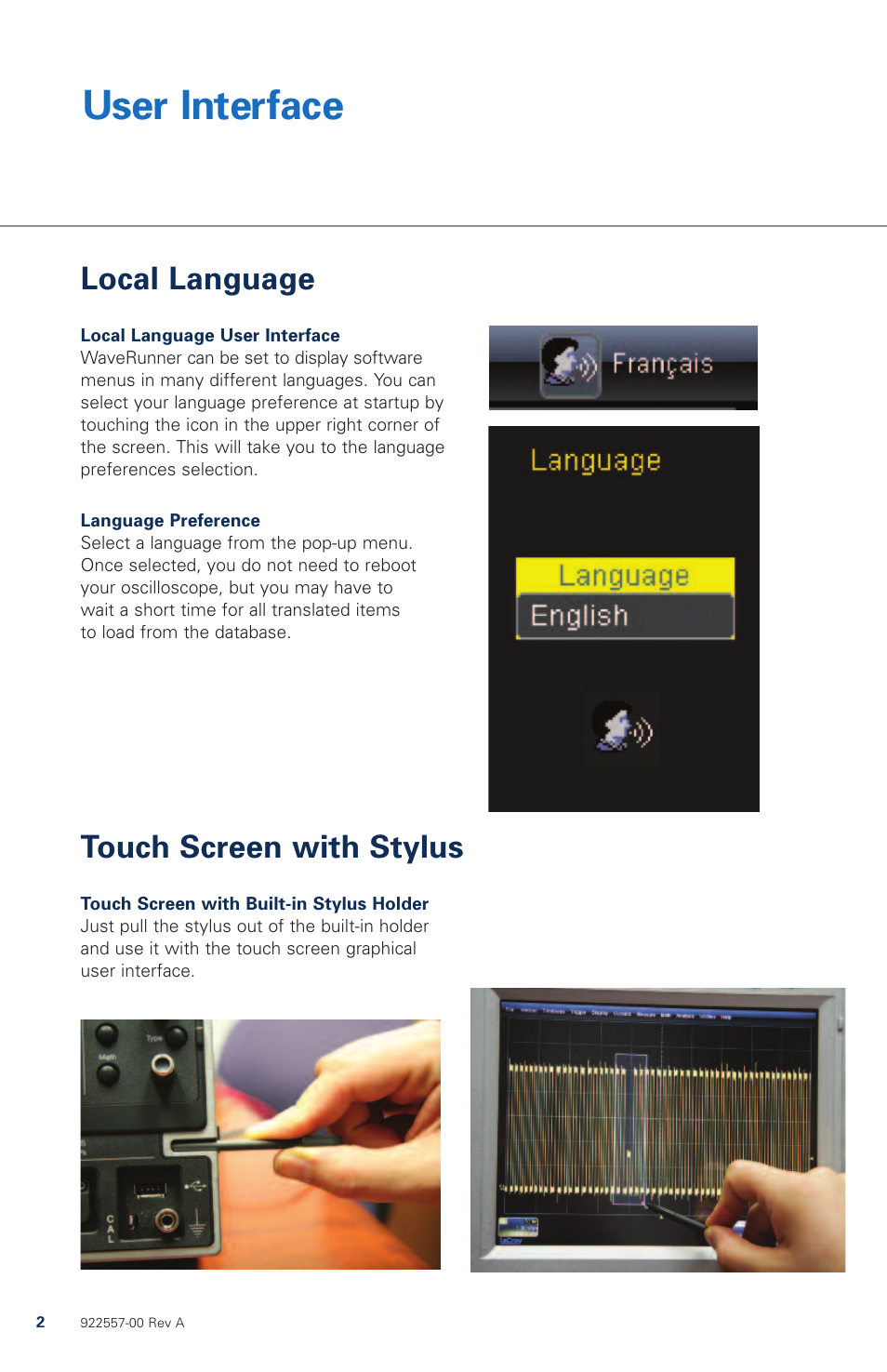 User interface, Local language touch screen with stylus | Teledyne LeCroy WaveRunner МXi-A Quick Reference Guide User Manual | Page 2 / 16