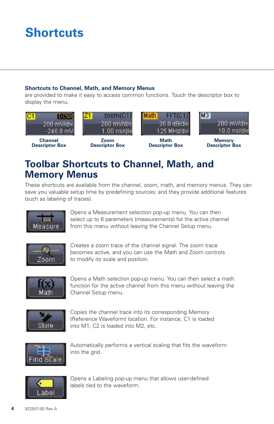 Shortcuts | Teledyne LeCroy WaveRunner МXi-A Quick Reference Guide User Manual | Page 4 / 16