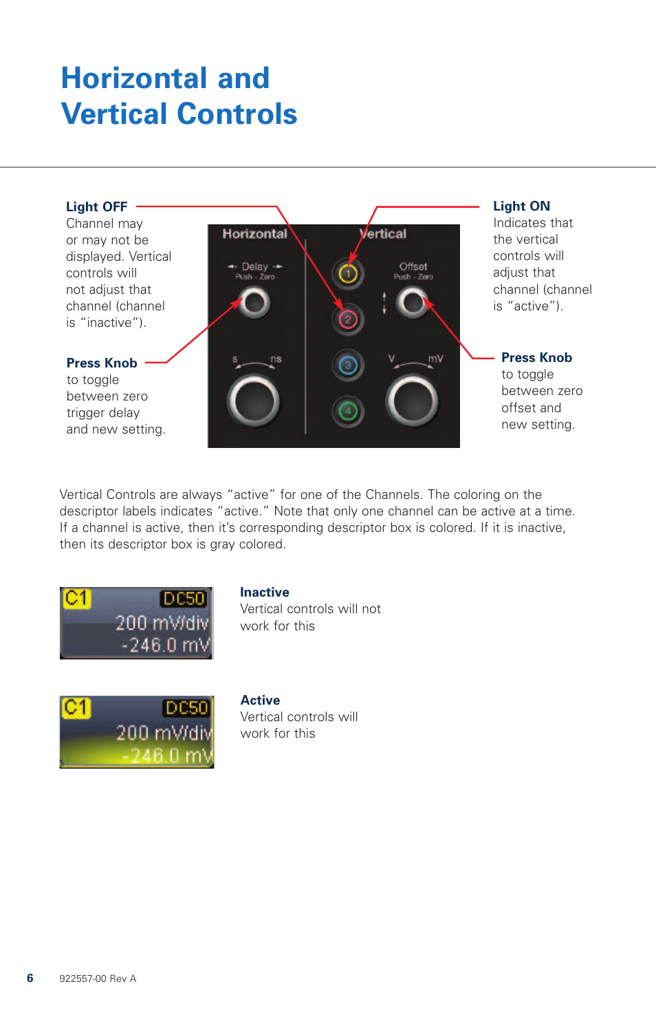 Horizontal and vertical controls | Teledyne LeCroy WaveRunner МXi-A Quick Reference Guide User Manual | Page 6 / 16