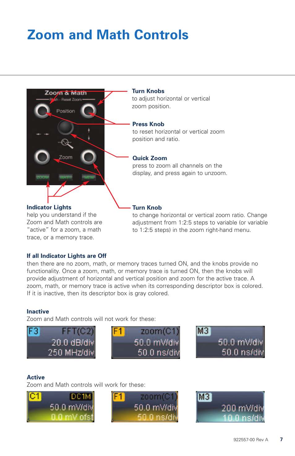 Zoom and math controls | Teledyne LeCroy WaveRunner МXi-A Quick Reference Guide User Manual | Page 7 / 16