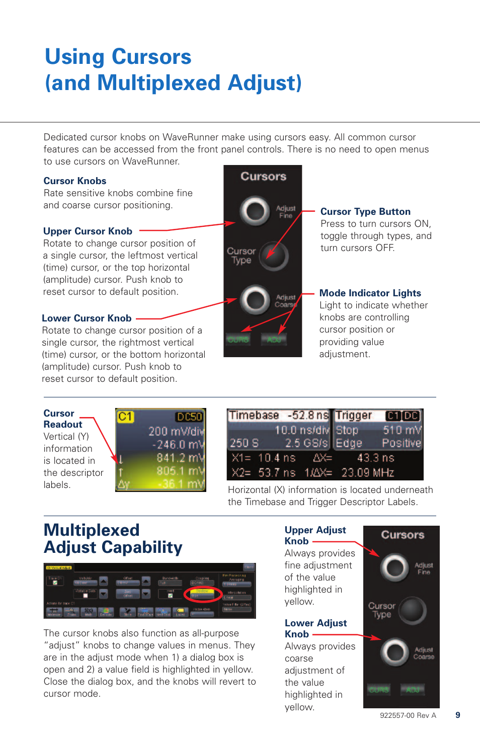 Using cursors (and multiplexed adjust), Multiplexed adjust capability | Teledyne LeCroy WaveRunner МXi-A Quick Reference Guide User Manual | Page 9 / 16