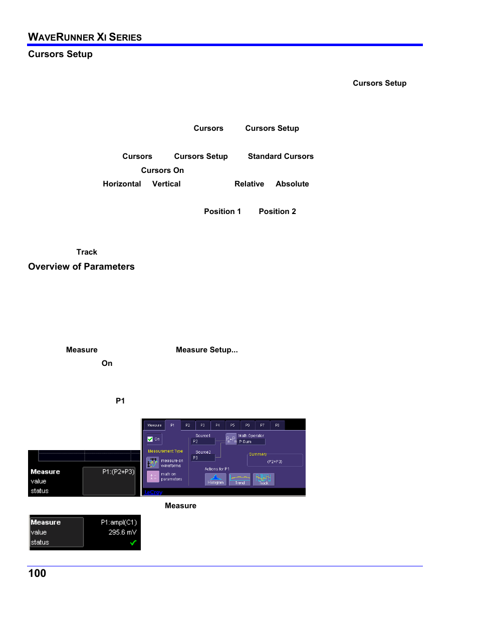 Cursors setup, Quick display, Full setup | Overview of parameters, Turning on parameters, Quick access to parameter setup dialogs | Teledyne LeCroy WaveRunner XI SERIES Operator’s Manual User Manual | Page 100 / 233