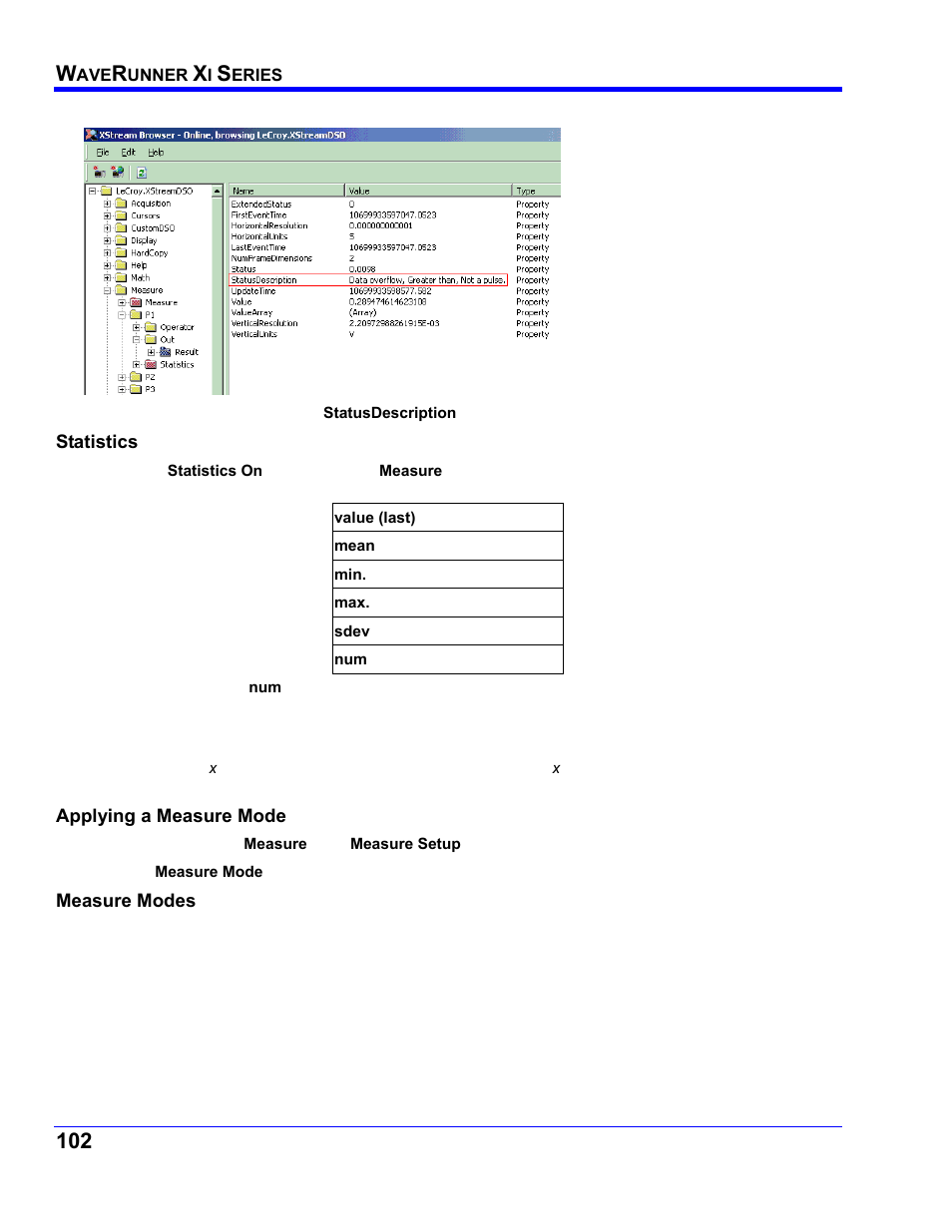 Statistics, Applying a measure mode, Measure modes | Teledyne LeCroy WaveRunner XI SERIES Operator’s Manual User Manual | Page 102 / 233