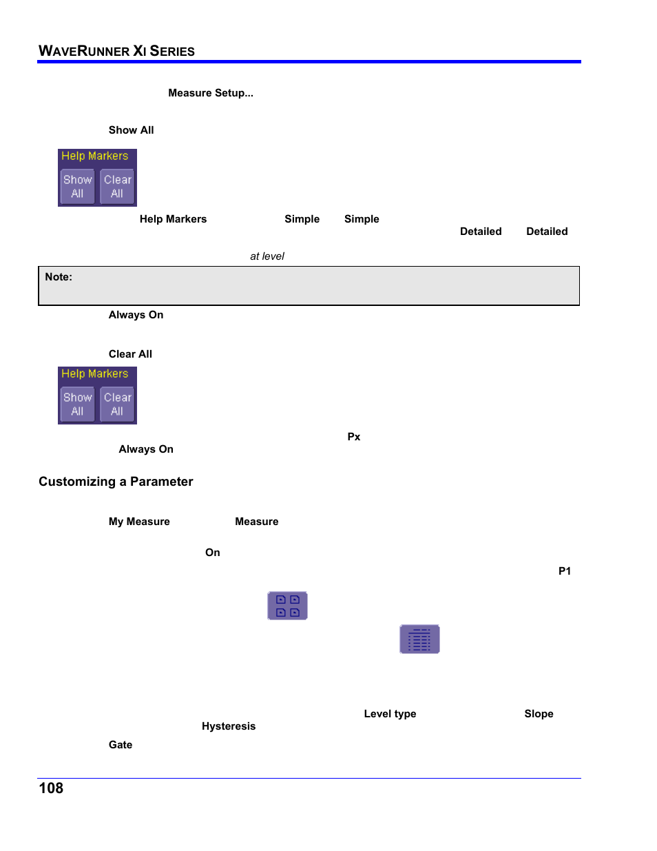 Setting up help markers, Turning off help markers, Customizing a parameter | From the measure dialog | Teledyne LeCroy WaveRunner XI SERIES Operator’s Manual User Manual | Page 108 / 233