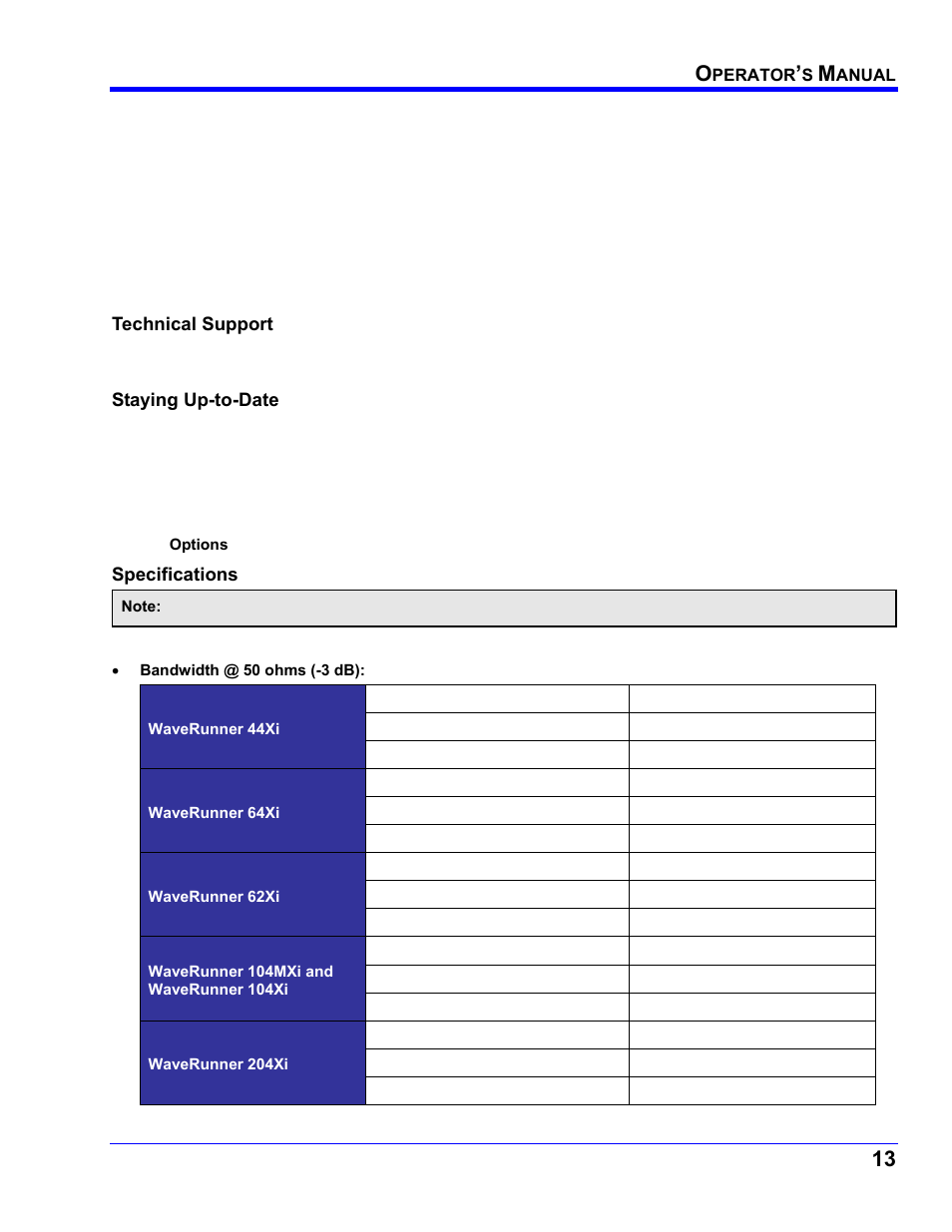 Technical support, Staying up-to-date, Specifications | Vertical system | Teledyne LeCroy WaveRunner XI SERIES Operator’s Manual User Manual | Page 13 / 233