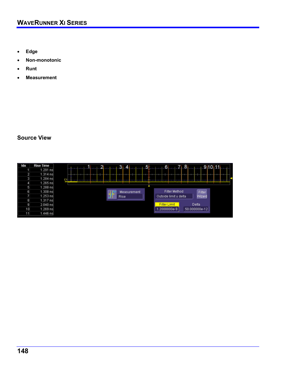 Search modes, Parameter measurements, Sampling mode | Source view, Level markers | Teledyne LeCroy WaveRunner XI SERIES Operator’s Manual User Manual | Page 148 / 233