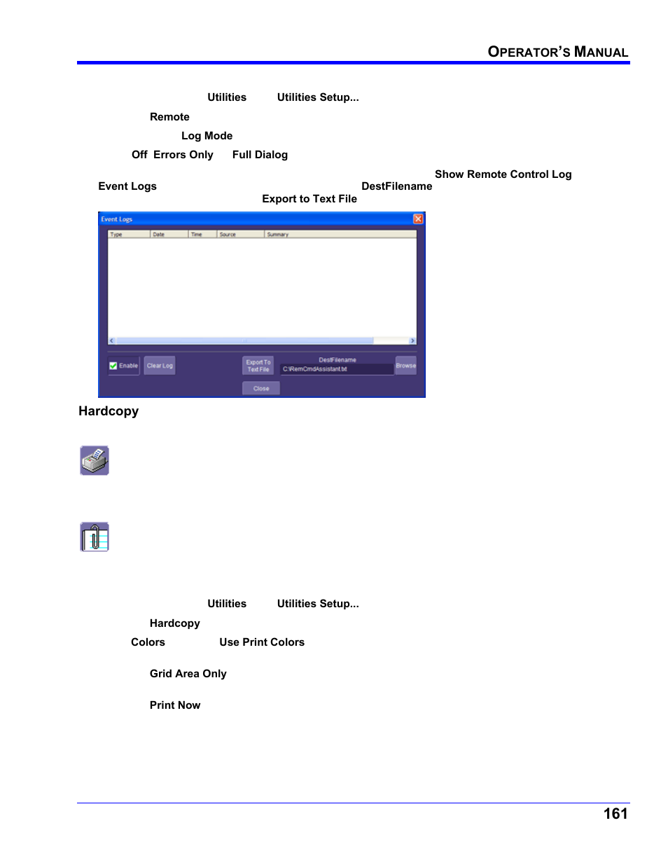 Configuring the remote control assistant event log, Hardcopy, Printing from the clipboard | Teledyne LeCroy WaveRunner XI SERIES Operator’s Manual User Manual | Page 161 / 233