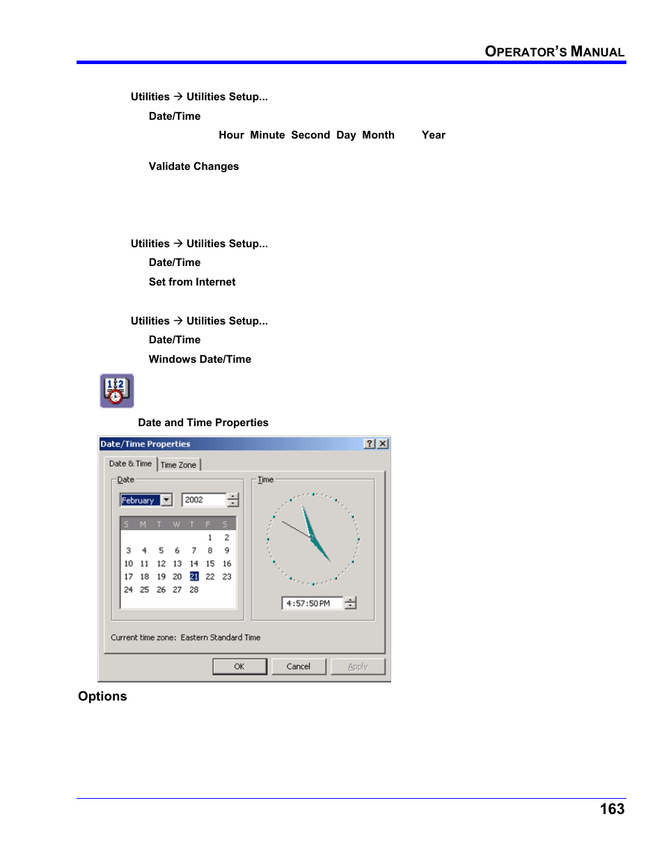 Manually setting the date and time, Setting the date and time from the internet, Setting the date and time from windows | Options | Teledyne LeCroy WaveRunner XI SERIES Operator’s Manual User Manual | Page 163 / 233