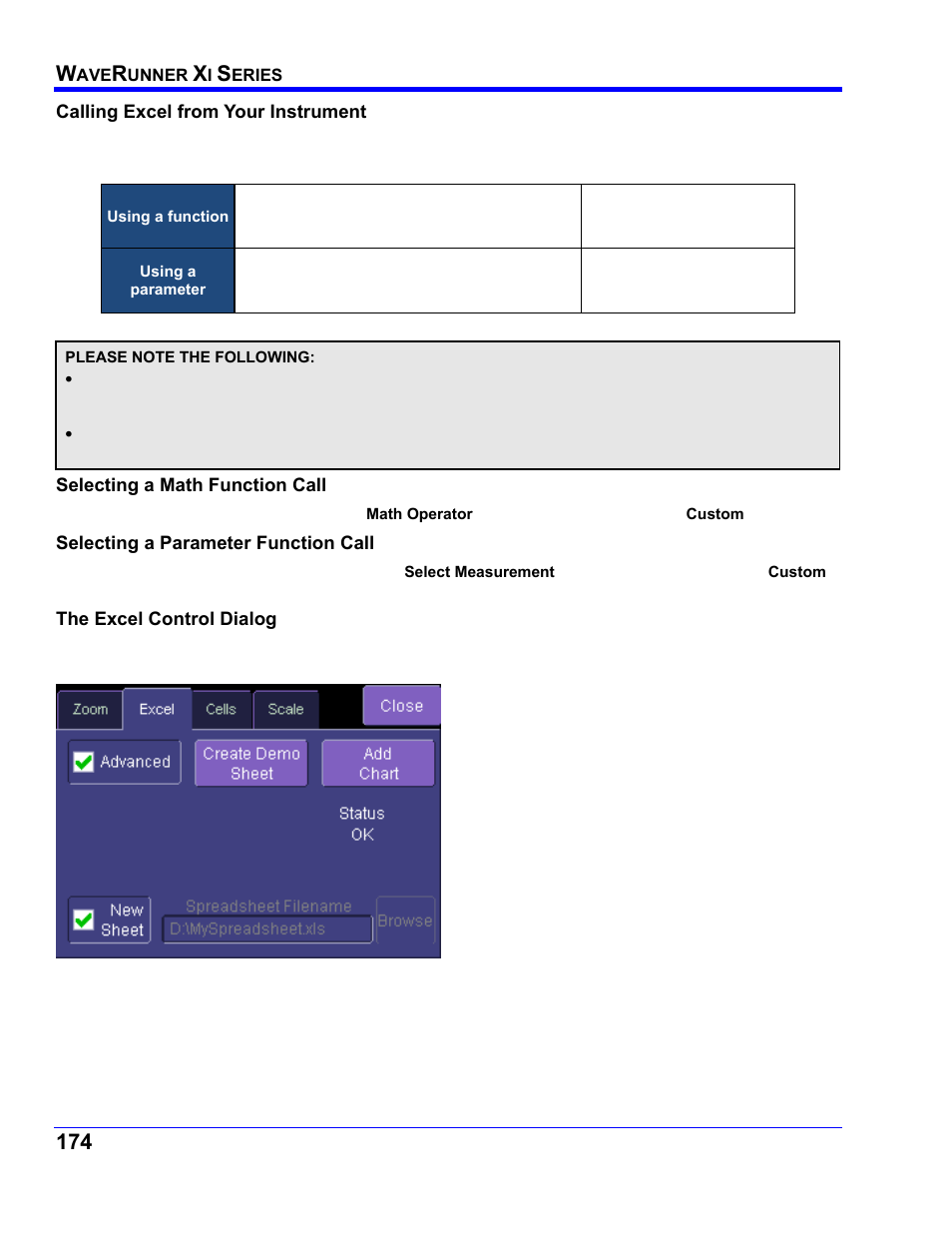 Calling excel from your instrument, Calling excel directly from the instrument, Selecting a math function call | Selecting a parameter function call, The excel control dialog | Teledyne LeCroy WaveRunner XI SERIES Operator’s Manual User Manual | Page 174 / 233