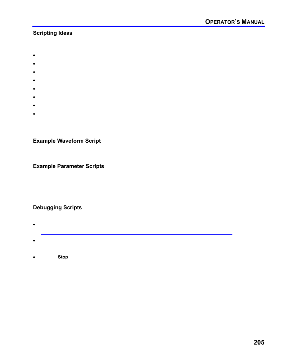 Scripting ideas, Example waveform script, Example parameter scripts | Debugging scripts | Teledyne LeCroy WaveRunner XI SERIES Operator’s Manual User Manual | Page 205 / 233