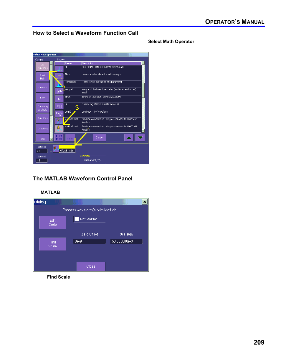 How to select a waveform function call, The matlab waveform control panel | Teledyne LeCroy WaveRunner XI SERIES Operator’s Manual User Manual | Page 209 / 233