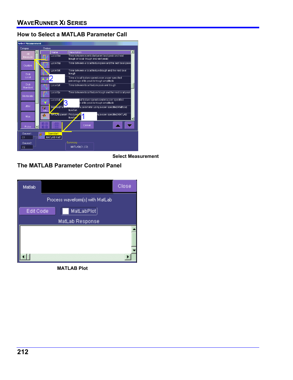 How to select a matlab parameter call, The matlab parameter control panel | Teledyne LeCroy WaveRunner XI SERIES Operator’s Manual User Manual | Page 212 / 233