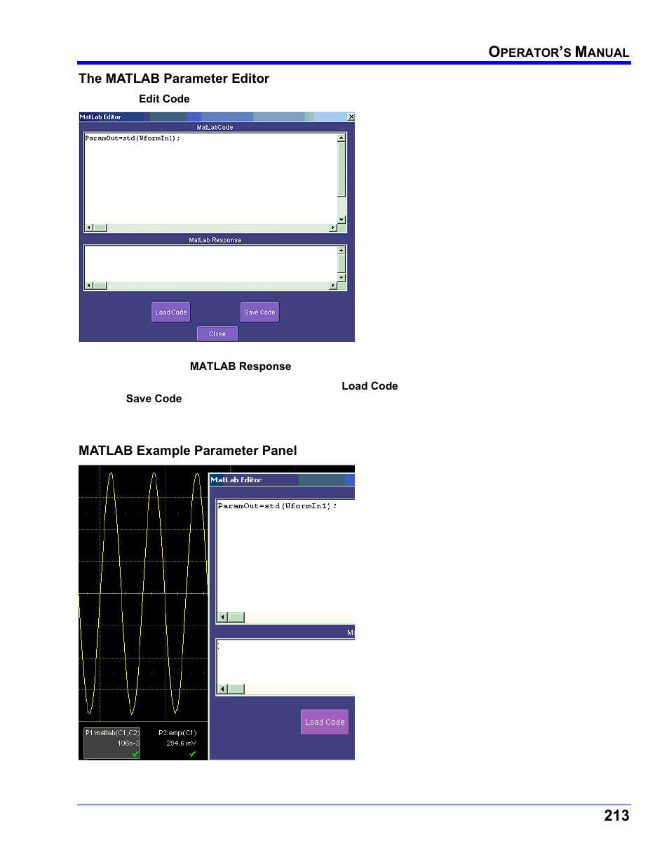 The matlab parameter editor, Matlab example parameter panel | Teledyne LeCroy WaveRunner XI SERIES Operator’s Manual User Manual | Page 213 / 233