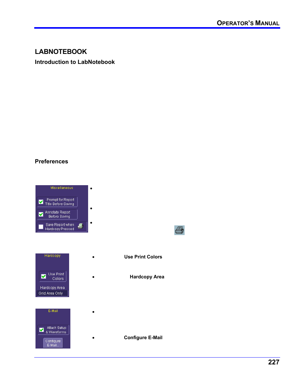 Control variables in customdso, Labnotebook, Introduction to labnotebook | Preferences, Miscellaneous settings, Hardcopy setup, E-mail setup, Otebook | Teledyne LeCroy WaveRunner XI SERIES Operator’s Manual User Manual | Page 227 / 233