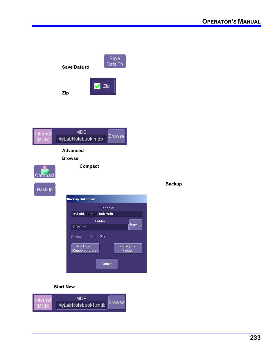 Saving notebook entries to a folder, Managing the database, To select a database for backup or compression | Starting a new database | Teledyne LeCroy WaveRunner XI SERIES Operator’s Manual User Manual | Page 233 / 233