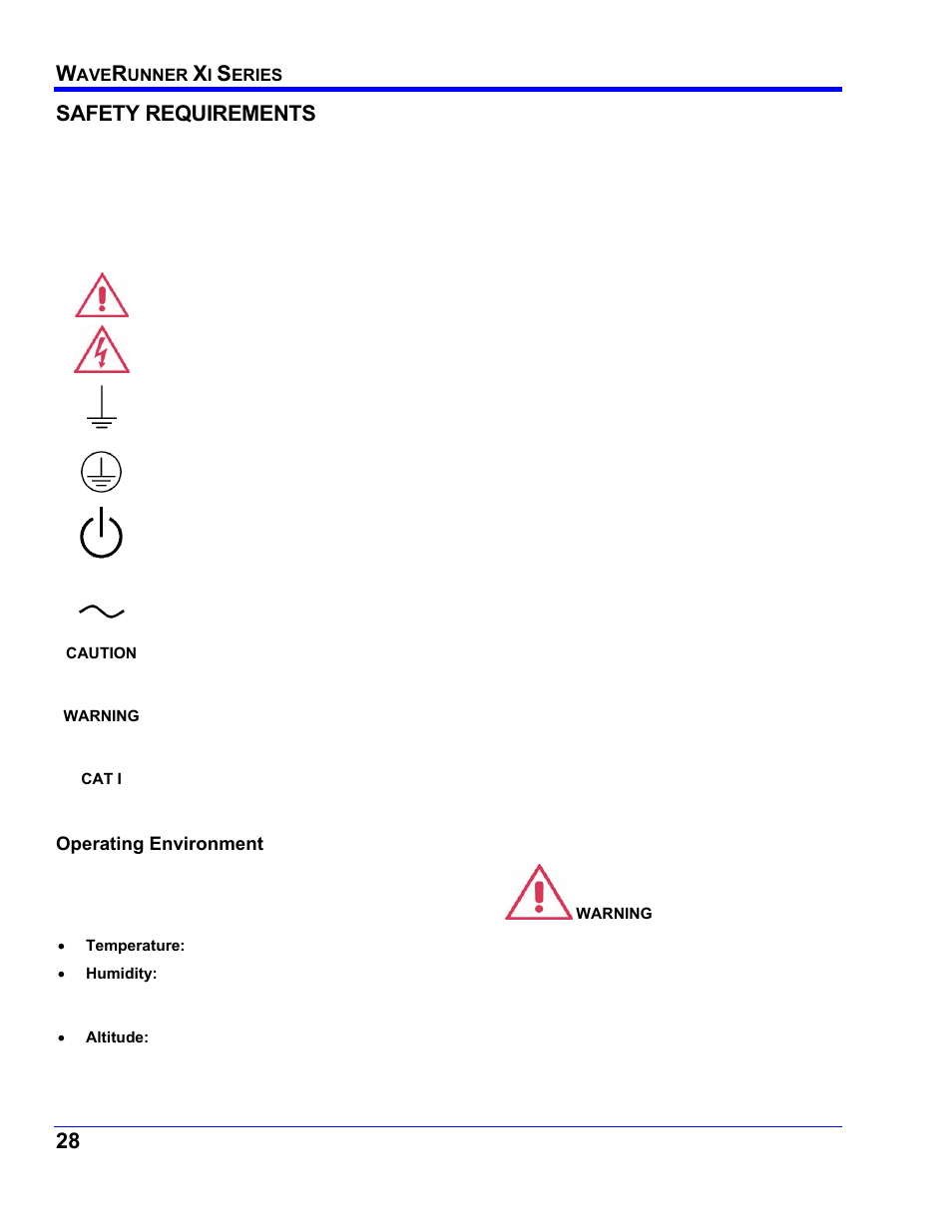 Safety requirements, Safety symbols and terms, Operating environment | Afety, Equirements | Teledyne LeCroy WaveRunner XI SERIES Operator’s Manual User Manual | Page 28 / 233