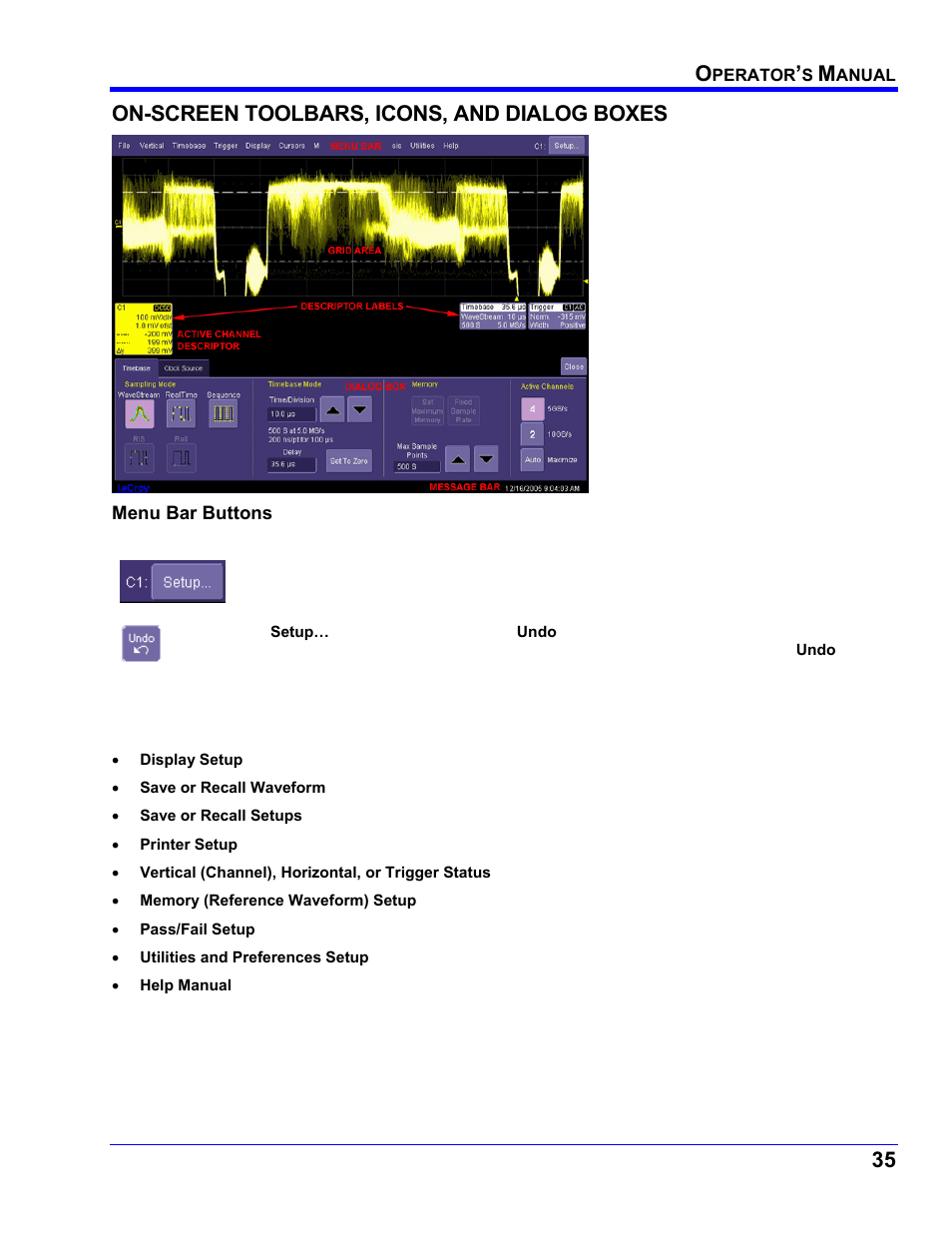 On-screen toolbars, icons, and dialog boxes, Menu bar buttons, Screen | Oolbars, Cons, Ialog, Oxes | Teledyne LeCroy WaveRunner XI SERIES Operator’s Manual User Manual | Page 35 / 233
