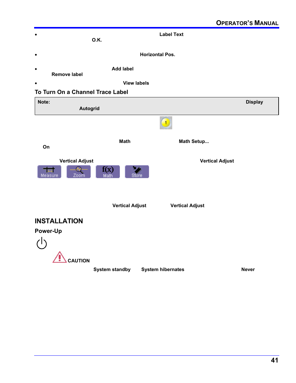 To turn on a channel trace label, Installation, Power-up | Nstallation | Teledyne LeCroy WaveRunner XI SERIES Operator’s Manual User Manual | Page 41 / 233
